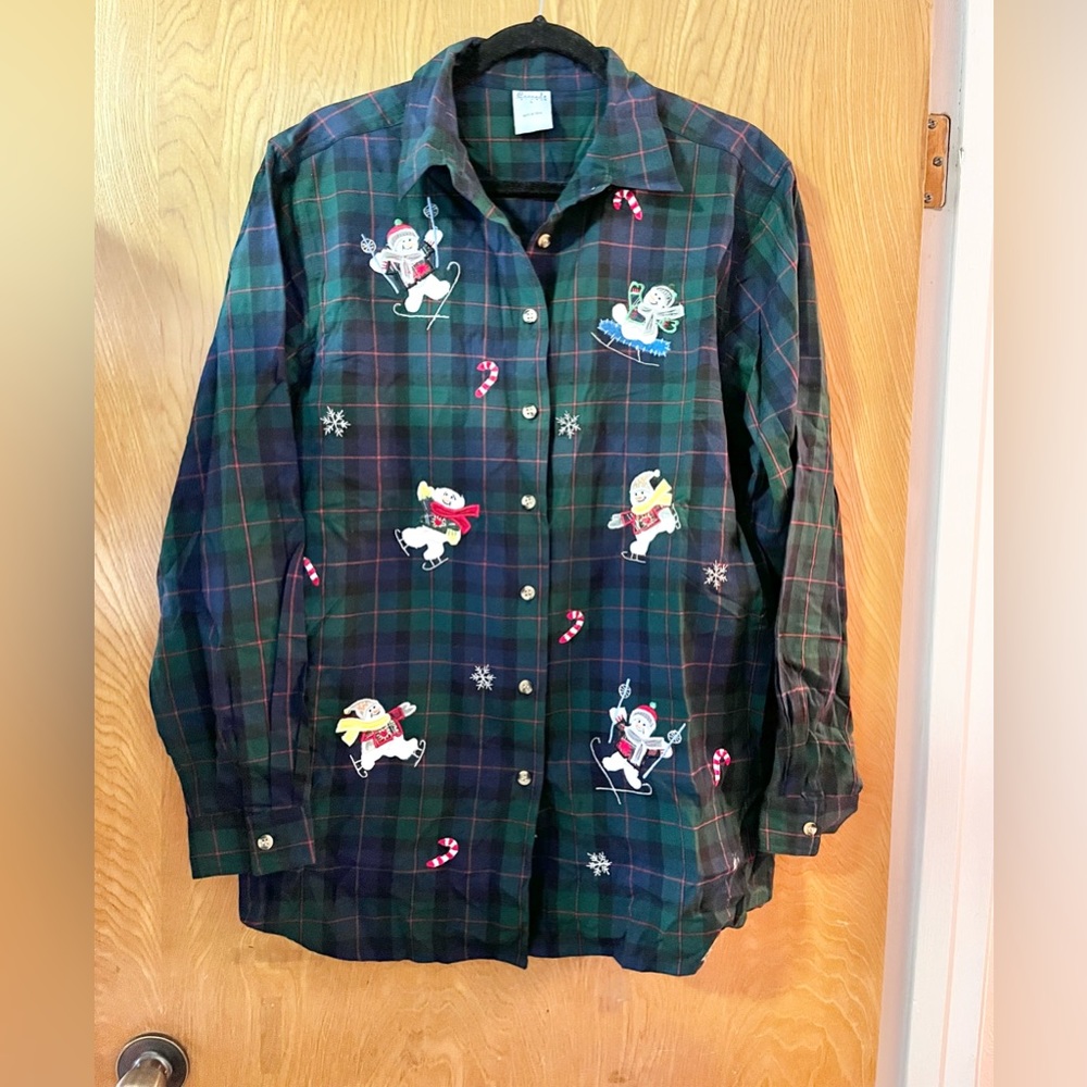 Vintage Cascade Blues plaid flannel snowman Christmas shirt L